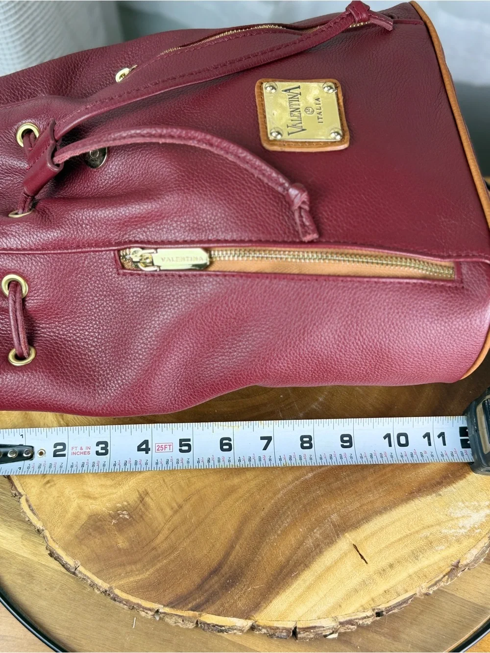 Valentina Italia Red Burgundy Leather Drawstring Backpack Purse w/ Tan Trim EUC